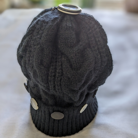Women's Knitted Tuque/Hat with cuffed buttons. Black. NWT. - Picture 3 of 8